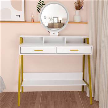FCH LED Three-Color Touch Round Mirror With 2 Drawers, With Shelf And Steel Frame Dressing Table White