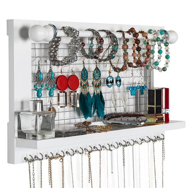 Jewelry Manager - Wall Mounted Jewelry Stand With Detachable Bracelet Bar, Shelf And 16 Hooks - Perfect Earrings, Necklaces And Bracelet Stand - White
