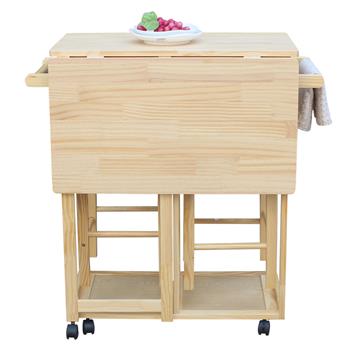 FCH Square Solid Wood Folding Dining Cart with 2 Free Stools Natural