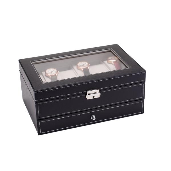 12 Slots Watch Box Mens Watch Organizer Lockable Jewelry Display Case with Real Glass Top Faux Leather Black