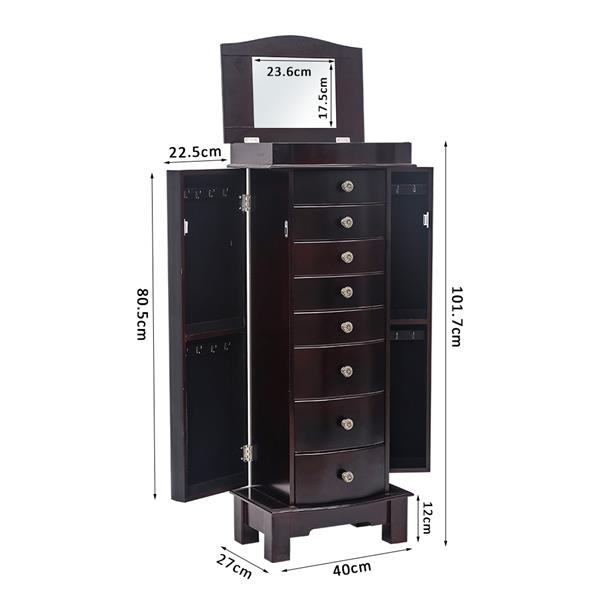 Jewelry Armoire with Mirror, 8 Drawers & 16 Necklace Hooks,  2 Side Swing Doors(Brown)