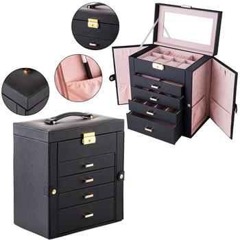 Synthetic Leather Huge Jewelry Box Mirrored Watch Organizer Necklace Ring Earring Storage Lockable Gift Case Black