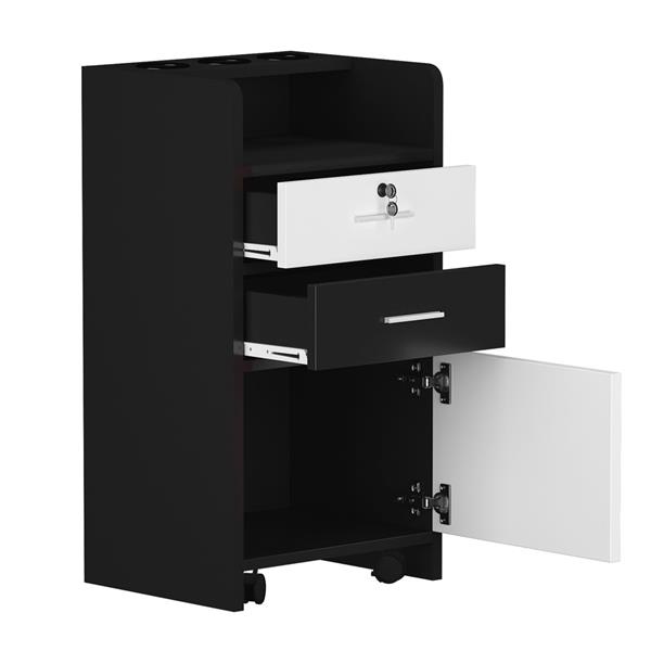 Salon Wood Rolling Drawer Cabinet Trolley Spa 3-layer Cabinet Equipment with A Lock Black & White