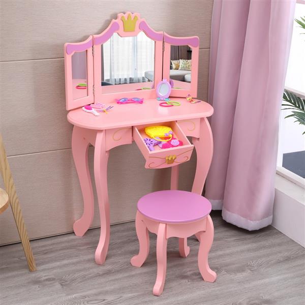 Children's Three Mirror Single-Drawing Curved Foot Dresser Pink