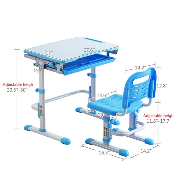 Student Desks and Chairs Set C Style White Lacquered White Surface Blue Plastic [70x38x(52-74)cm]