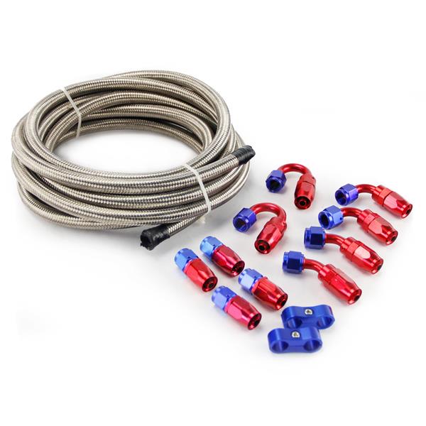 Universal 16ft AN-4 Silver Nylon Braided Hose with 10pcs Red & Blue Hose Ends and 2pcs Hose Separato