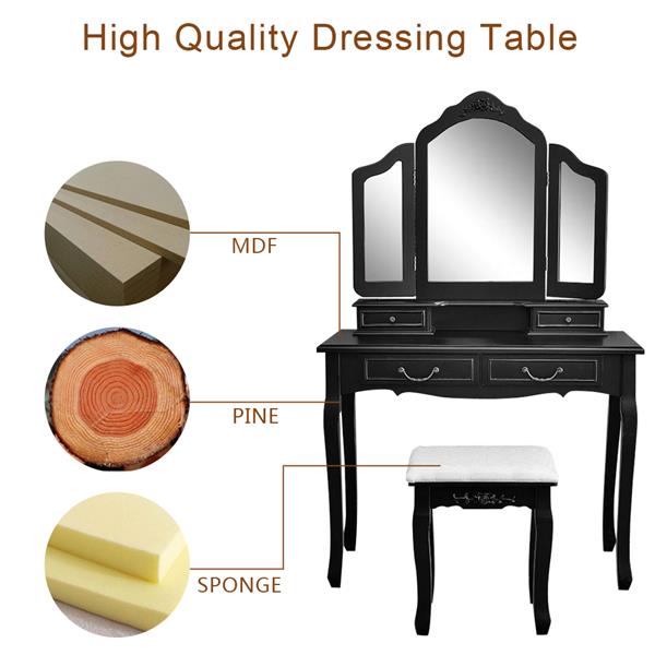 Tri-fold Mirror Dresser with Dressing Stool Black