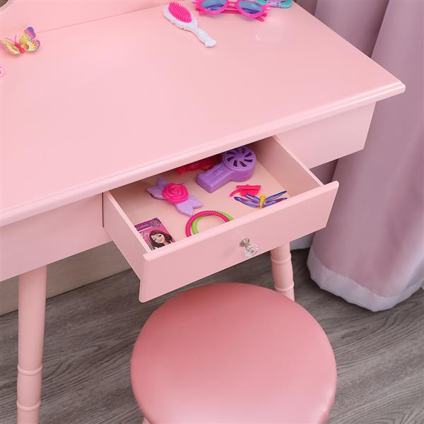 Children's Single Mirror Single Drawer Round Foot Dresser Pink