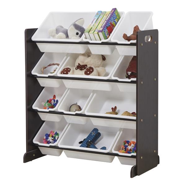 Kids' Toy Storage Organizer with 12 Plastic Bins, Espresso / White