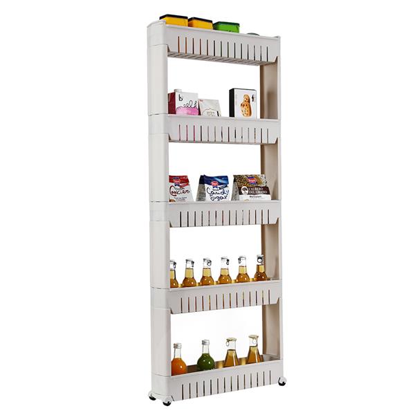 5 Tier Mobile Shelving Unit Organizer Slide Out Storage Tower Slim Storage Tower Rack with Wheels Pull Out Pantry Shelves Cart for Kitchen Bath Room Narrow Spaces-Grey