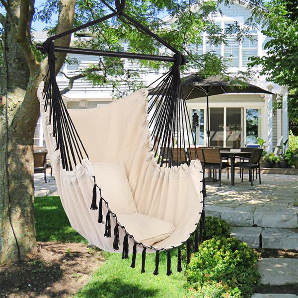 1.5*1.2m Tassel Plus Pillow Hanging Chair Beige Fabric Black Rope