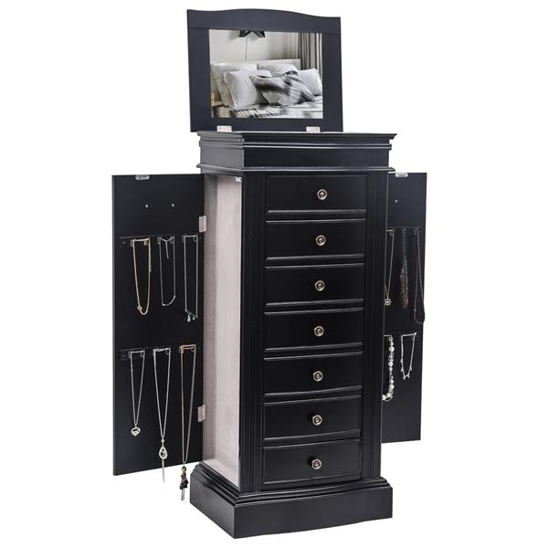 Jewelry Armoire with Mirror, 7 Drawers & 24 Necklace Hooks, 2 Side Swing Doors(Black)