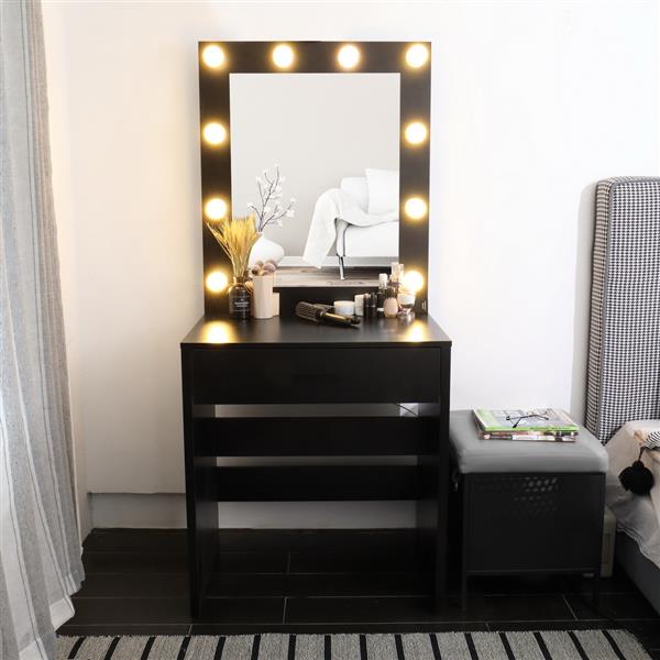 Single Drawer Dresser with Light Cannon and Large Mirror Black Warm Light