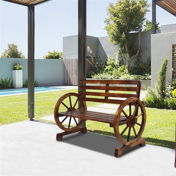 Rustic 2-Person Wooden Wagon Wheel Bench with Slatted Seat and Backrest, Brown