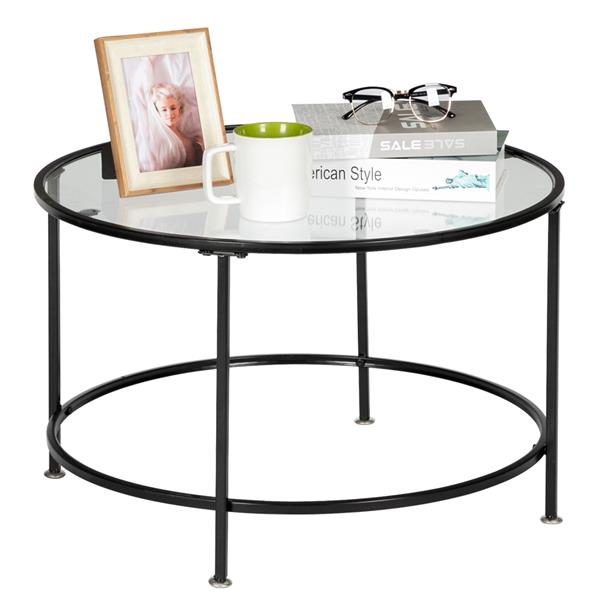 HODELY 36" 2 Layers 5mm Thick Tempered Glass Countertop Round Iron Art Coffee Table Black