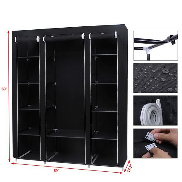 69" Portable Clothes Closet Wardrobe Storage Organizer with Non-Woven Fabric Quick and Easy to Assemble Extra Strong and Durable Black 