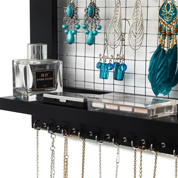 Jewelry Manager - Wall Mounted Jewelry Stand With Detachable Bracelet Bar, Shelf And 16 Hooks - Perfect Earrings, Necklaces And Bracelet Stand - Black