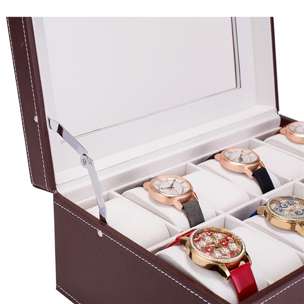 12 Slots Watch Box Mens Watch Organizer Lockable Jewelry Display Case with Real Glass Top Faux Leather Brow