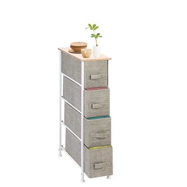 Narrow Dresser, Vertical Storage Unit With 4 Fabric Drawers, Metal Frame, Slim Storage Tower, 7.9" Width, For Living Room, Kitchen, Small Space, Gap, Linen / Natural