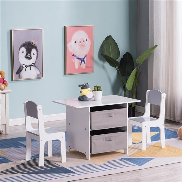 [71 x 48 x 49.5]cm MDF Children's Table and Chair Set of 3 with Drawers, 1 Table and 2 Chairs White