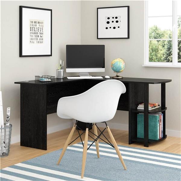 L-Shaped Wood Right-angle Computer Desk with Two-layer Bookshelves Black