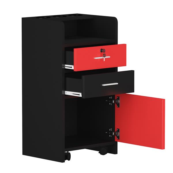 Salon Wood Rolling Drawer Cabinet Trolley Spa 3-layer Cabinet Equipment with A Lock Black & Red