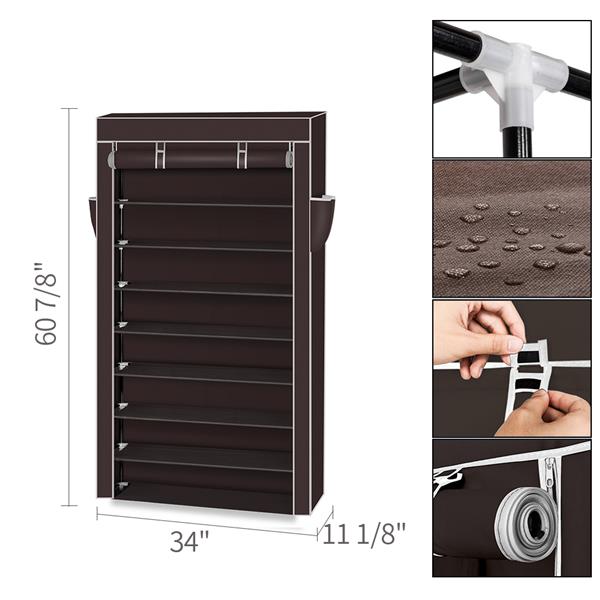 10 Tiers Shoe Rack with Dustproof Cover Closet Shoe Storage Cabinet Organizer Dark Brown