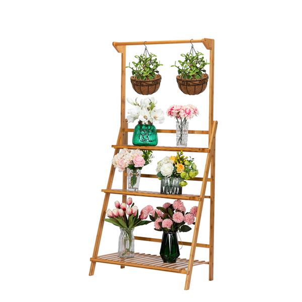 100% Bamboo Plant Frame Three Layers, Balcony Bamboo Frame Folding with Hanging Rod Flower Frame,Indoor Office Balcony, Living Room, Outdoor Garden Decoration--Natural