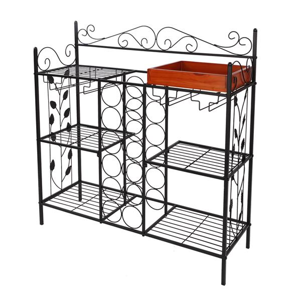 Black Metal Six (6) Shelf Kitchen Bakers Rack Console Table with 12 Bottles Wine Storage and 12 Glass Holder