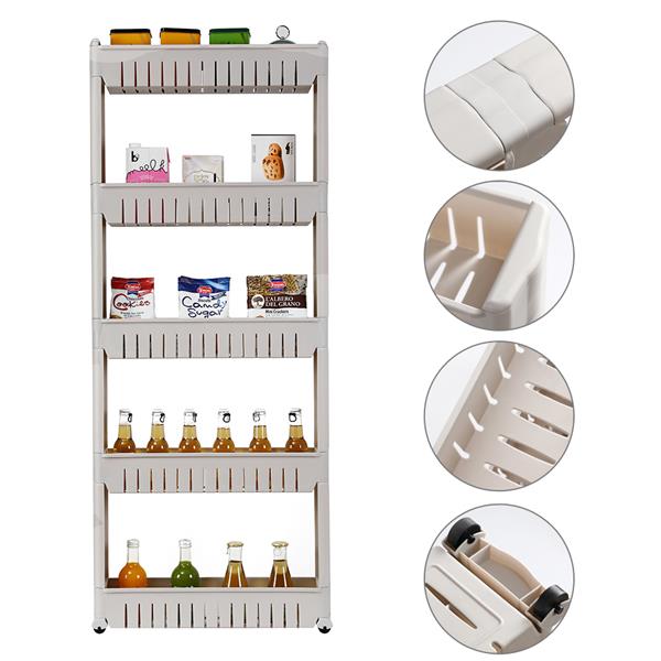 5 Tier Mobile Shelving Unit Organizer Slide Out Storage Tower Slim Storage Tower Rack with Wheels Pull Out Pantry Shelves Cart for Kitchen Bath Room Narrow Spaces-Grey