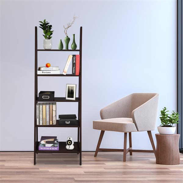 Ladder Shelf, 5-Tier Multifunctional Modern Wood Plant Flower Book Display Shelf, Home Office Storage Rack Leaning Ladder Wall Shelf Brown Color