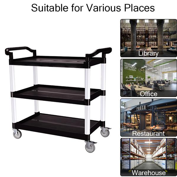 Heavy Duty 3-Shelf Rolling Service / Utility / Push Cart, 390 lbs. Capacity, Black, for Foodservice / Restaurant / Cleaning