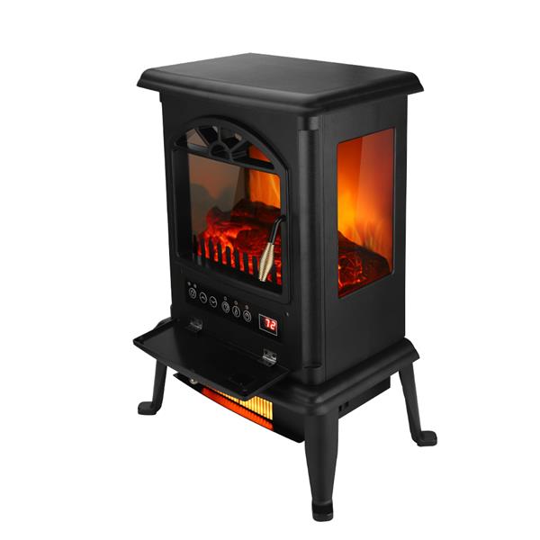 American Standard HT1217 1500W Freestanding Three-door Glass 3D Flame Fireplace with Remote Control/Fake Firewood/Single Color/3 Quartz Tubes/Black