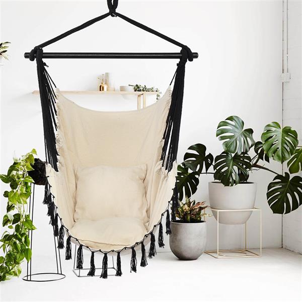 1.5*1.2m Tassel Plus Pillow Hanging Chair Beige Fabric Black Rope