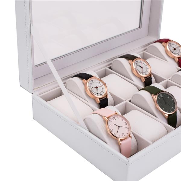 Watch Box 12 Slots Watch Case for Men Women Leather Watch Organizer Holder Display Storage Case with Glass Lid White