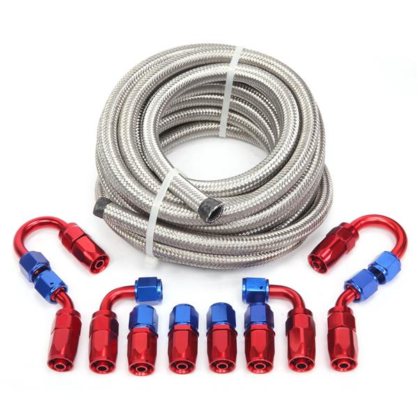 6AN 20-Foot Universal Silver Fuel Hose   10 Red and Blue Connectors