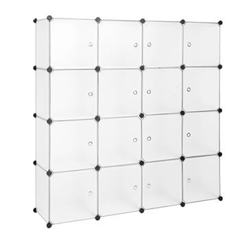 Modular Closet Organizer Plastic Cabinet, 16 Cube Wardrobe Cubby Shelving Storage Cubes Drawer Unit, DIY Modular Bookcase Closet System Cabinet with Doors for Clothes, Shoes, Toys, White
