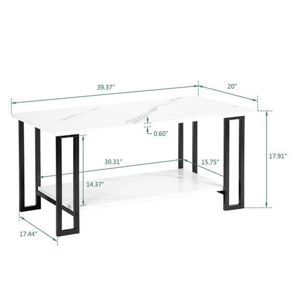 2 Layers 1.5cm Thick MDF Imitation Marble Rectangle Tabletop Iron Coffee Table White