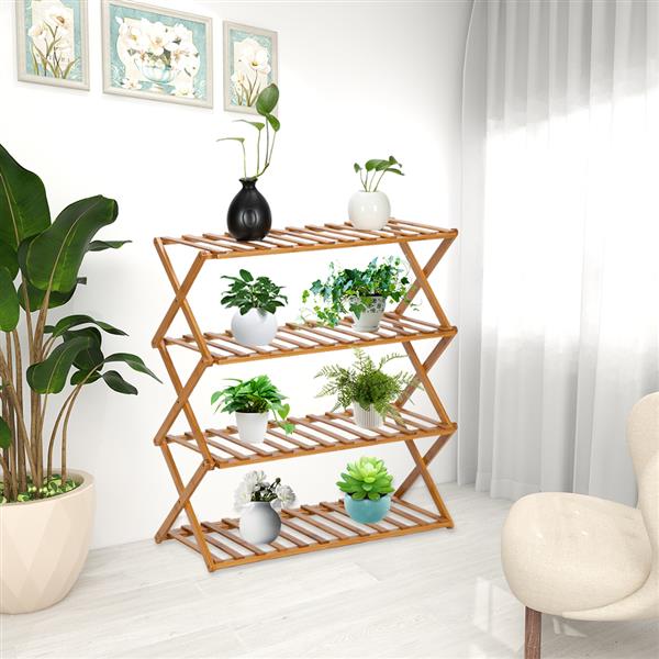 100% Bamboo Plant Frame 4 Layers, Balcony Bamboo Frame Folding Flower Frame, Indoor Office Balcony, Living room, Outdoor Garden Decoration--Natural