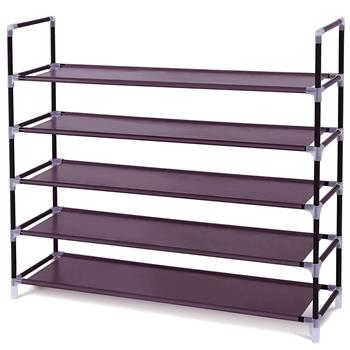 Simple Assembly 5 Tiers Non-woven Fabric Shoe Rack with Handle Dark Brown