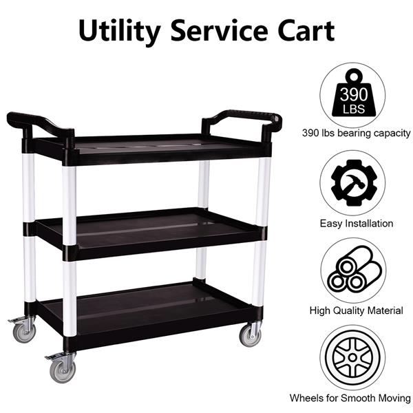 Heavy Duty 3-Shelf Rolling Service / Utility / Push Cart, 390 lbs. Capacity, Black, for Foodservice / Restaurant / Cleaning