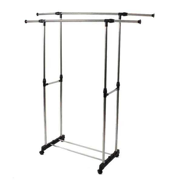 Dual-bar Vertically & Horizontally-stretching Stand Clothes Rack with Shoe Shelf Silver