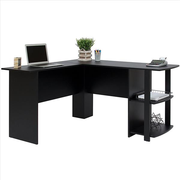 L-Shaped Wood Right-angle Computer Desk with Two-layer Bookshelves Black
