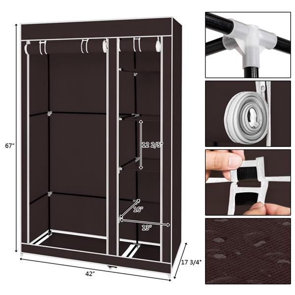67" Portable Clothes Closet Wardrobe with Non-woven Fabric and Hanging Rod Quick and Easy to Assemble Dark Brown