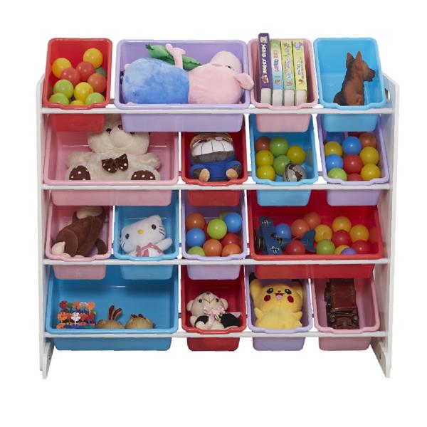 Wooden Kids' Toy Storage Organizer with 16 Plastic Bins,X-Large, White / Blue / Pink / Purple