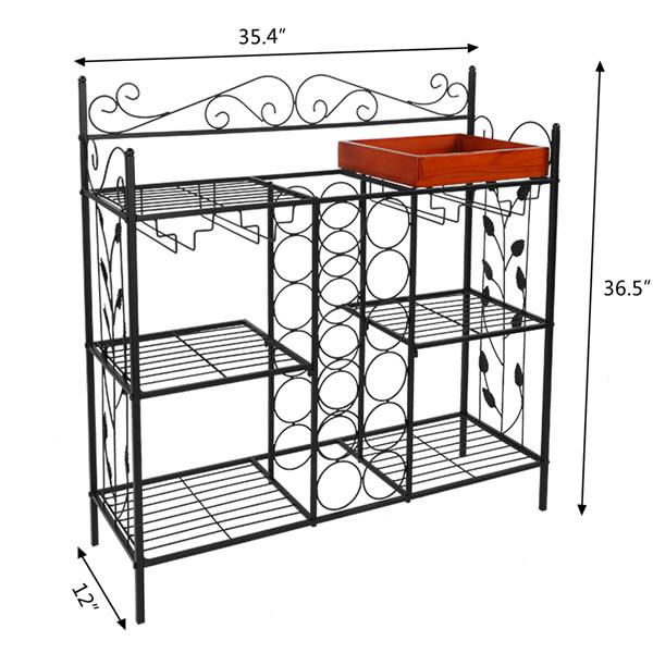 Black Metal Six (6) Shelf Kitchen Bakers Rack Console Table with 12 Bottles Wine Storage and 12 Glass Holder