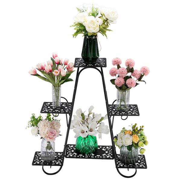 One Lacquered 31-inch High Arched 4-Layer 6-Seat Potted Plant Stand with Patterned Layout Black (YH-HJ024)