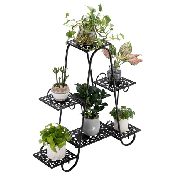One Lacquered 31-inch High Arched 4-Layer 6-Seat Potted Plant Stand with Patterned Layout Black (YH-HJ024)