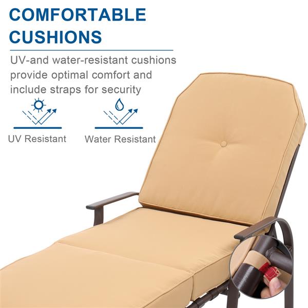 Adjustable Outdoor Steel Patio Chaise Lounge Chair with 5 Positions, UV-Resistant Cushions Beige