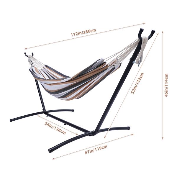 112"Large Size  Classic Hammock with Stand for 2 Person- Indoor or Outdoor Use-with Carrying Pouch-Powder-coated Steel Frame - Durable 450 Pound Capacity，Brown/Gray Striped